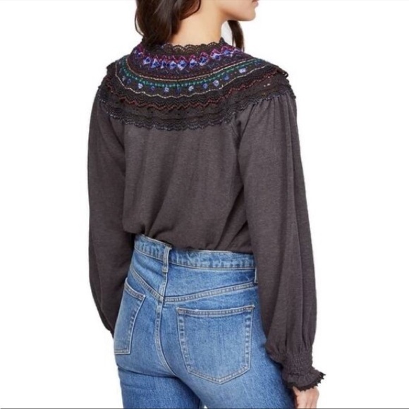 Free People Siesta Fiesta Top Embroidered
Henley Shirt Dark Grey Sz XS - Picture 2 of 12